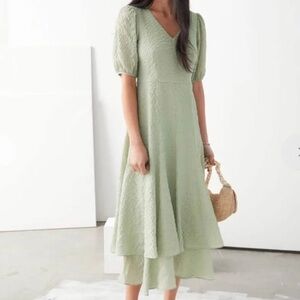 & Other Stories sage green plaid mini dress lightweight textured neutral chic